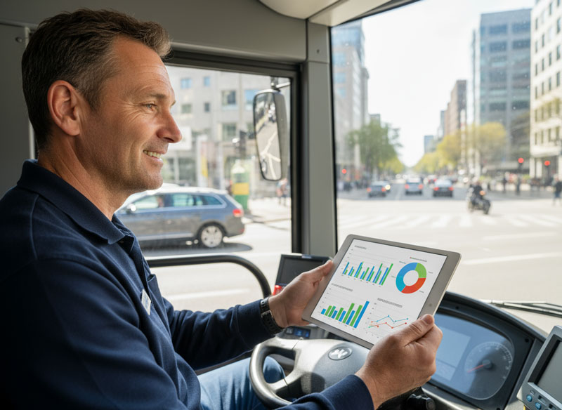 Happy bus driver reviewing driving performance charts – visible success through telematics.