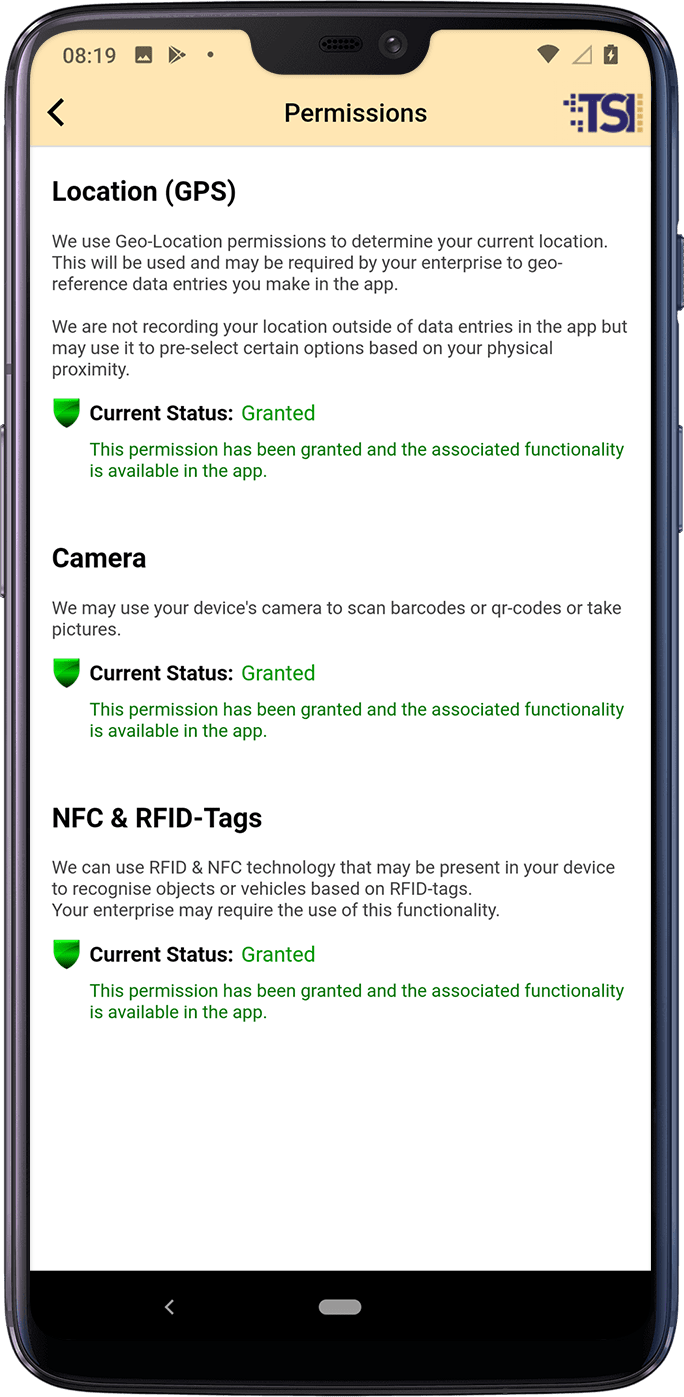 Centralised overview of all permissions TSI Connect uses