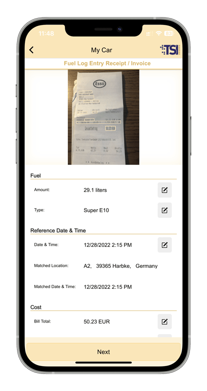 AI-supported computer vision automatically reads values from the fuel receipt