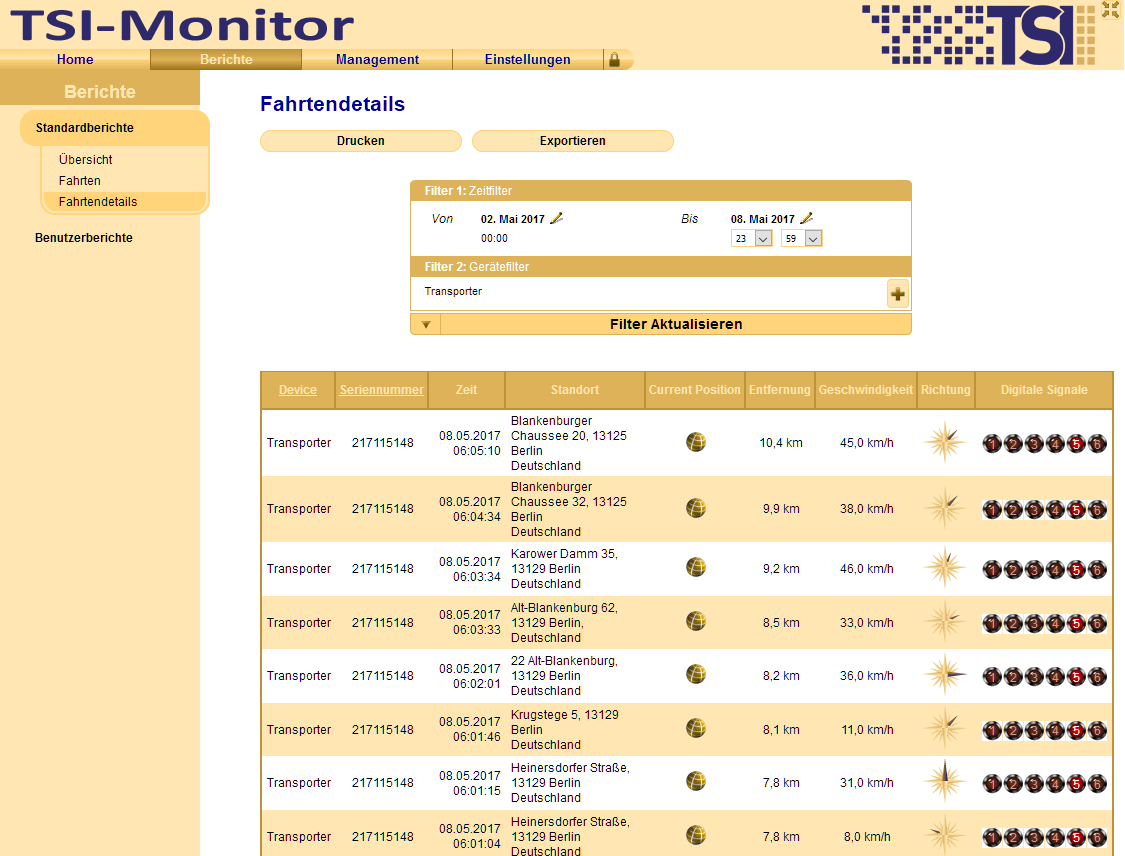 Zu jedem einzelnen Datenpunkt navigieren mit dem Fahrtdetail-Bericht