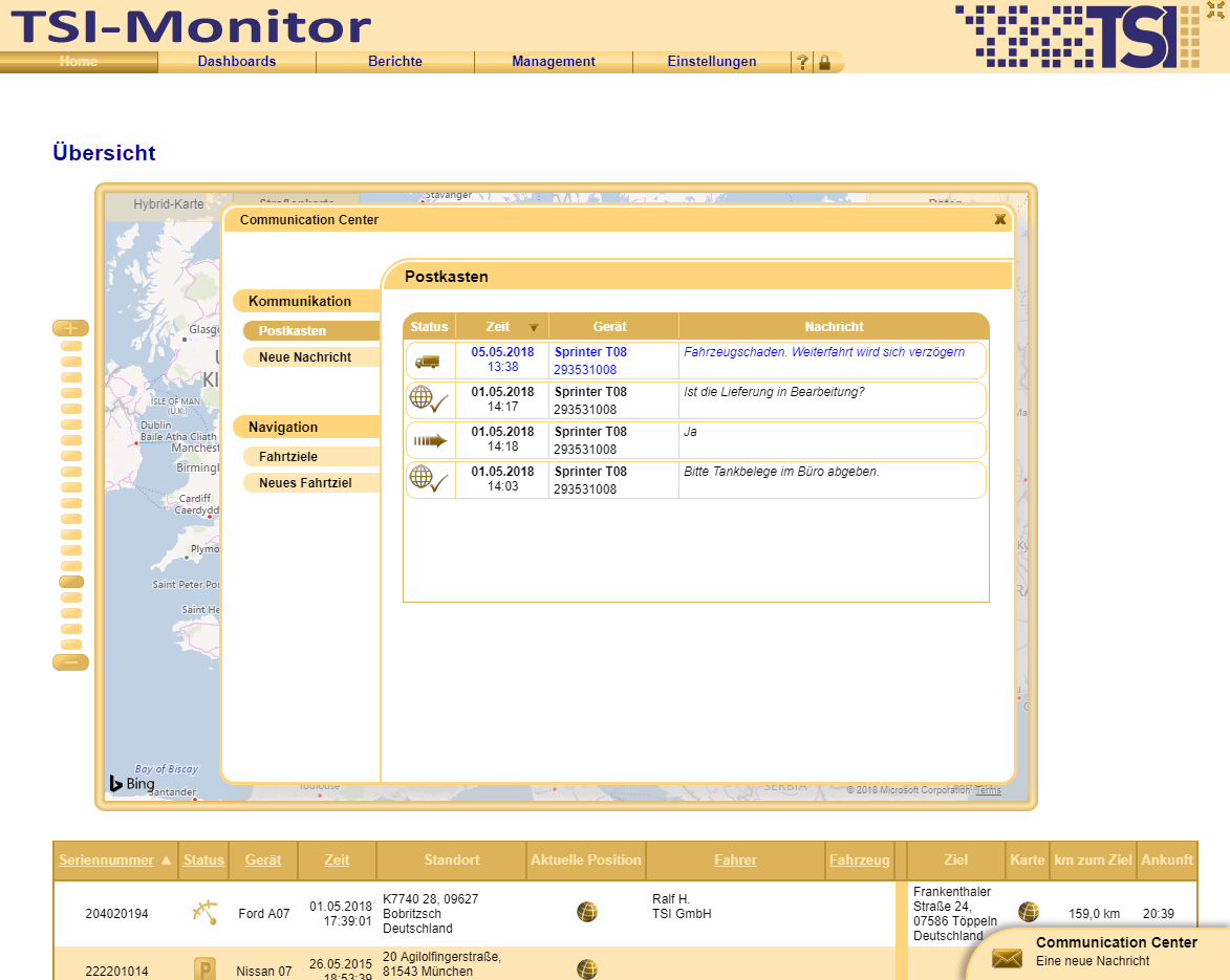 Mit dem CommCenter jederzeit direkt im Kontakt mit Fahrzeugen und Fahrern.