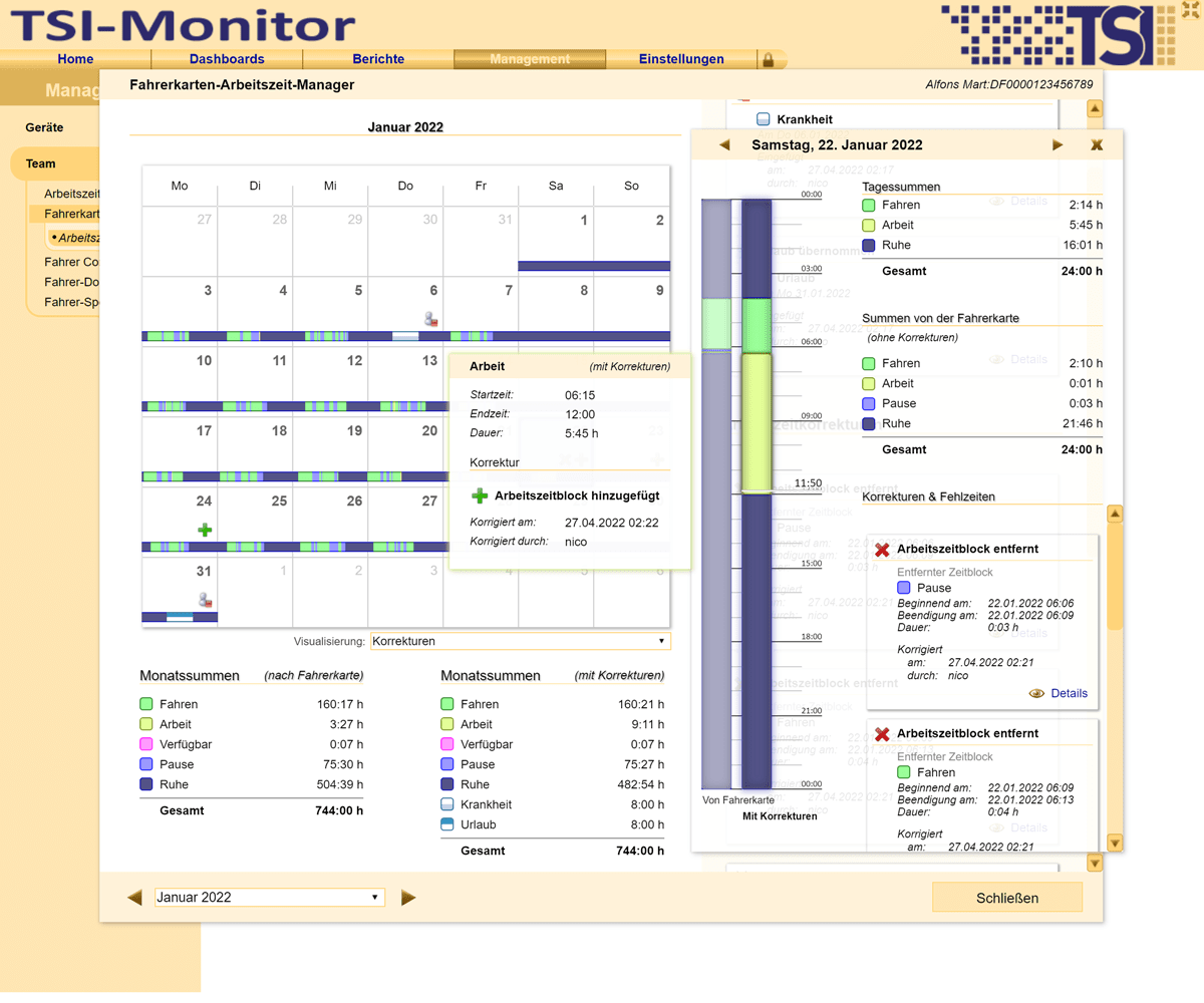 Arbeitszeitdetails für jeden Tag einfach bearbeiten und Änderungen und Korrekturen sofort visualisieren.