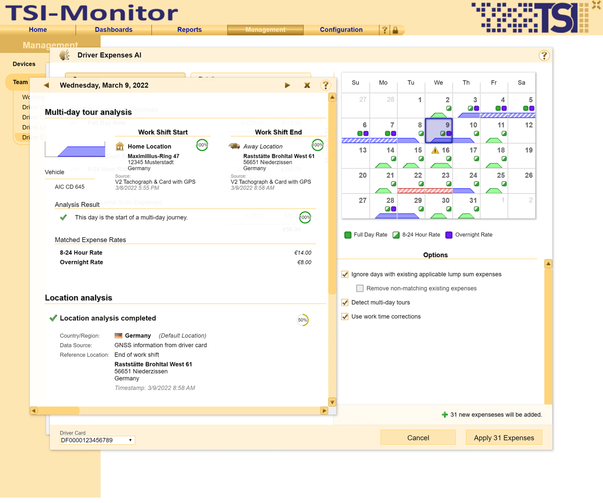 The unique Expenses AI automatically recognises and combines all available driver-related data for the analysis of multi-day tours.