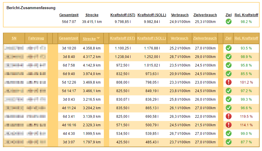 Fuel Consumption and Target Achievement per Vehicle